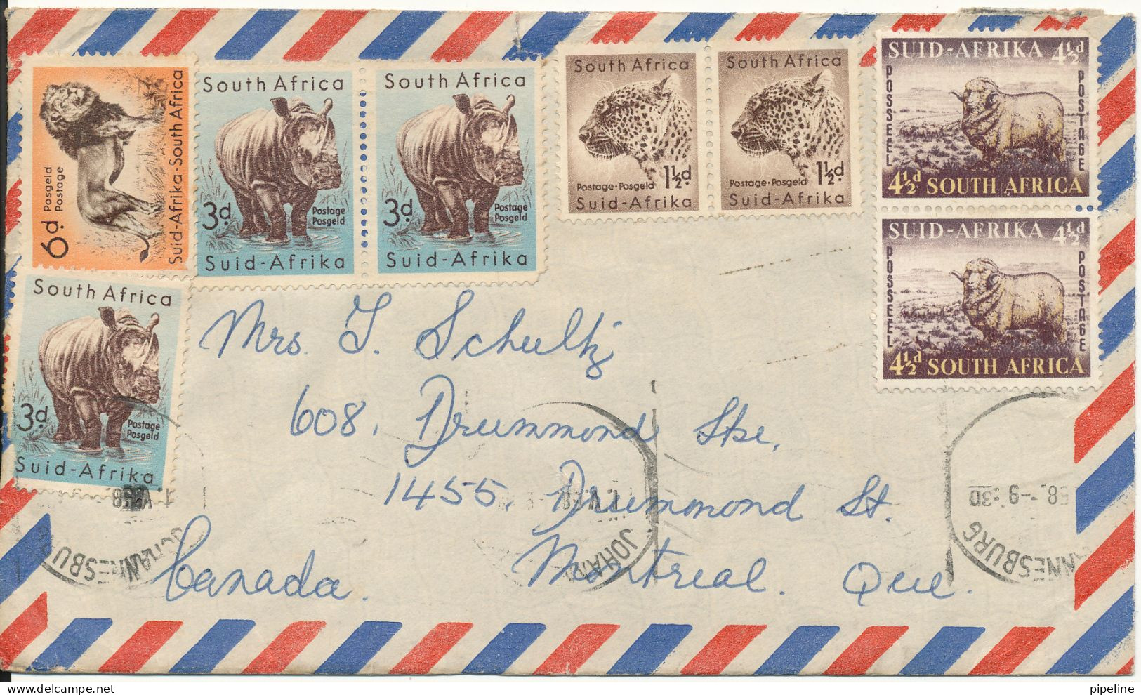 South Africa Air Mail Cover Sent To Canada 1958 With More Topic Stamps (the Flap On The Backside Of The Cover Is Damaged - Airmail