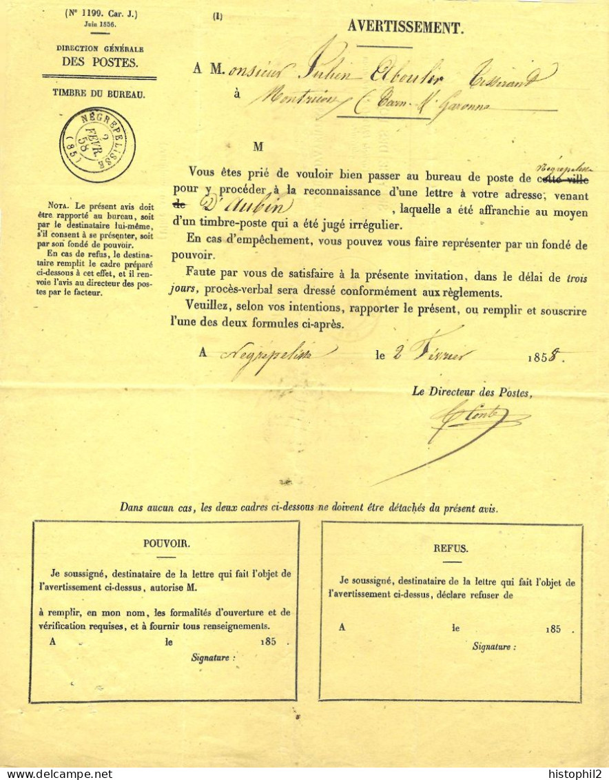 20c Empire ND Ayant Déjà Servi Lettre D'Aubin Aveyron 1858 Pour Montricous Tarn-et-Garonne Procès-verbal à Negrepelisse - 1849-1876: Klassik