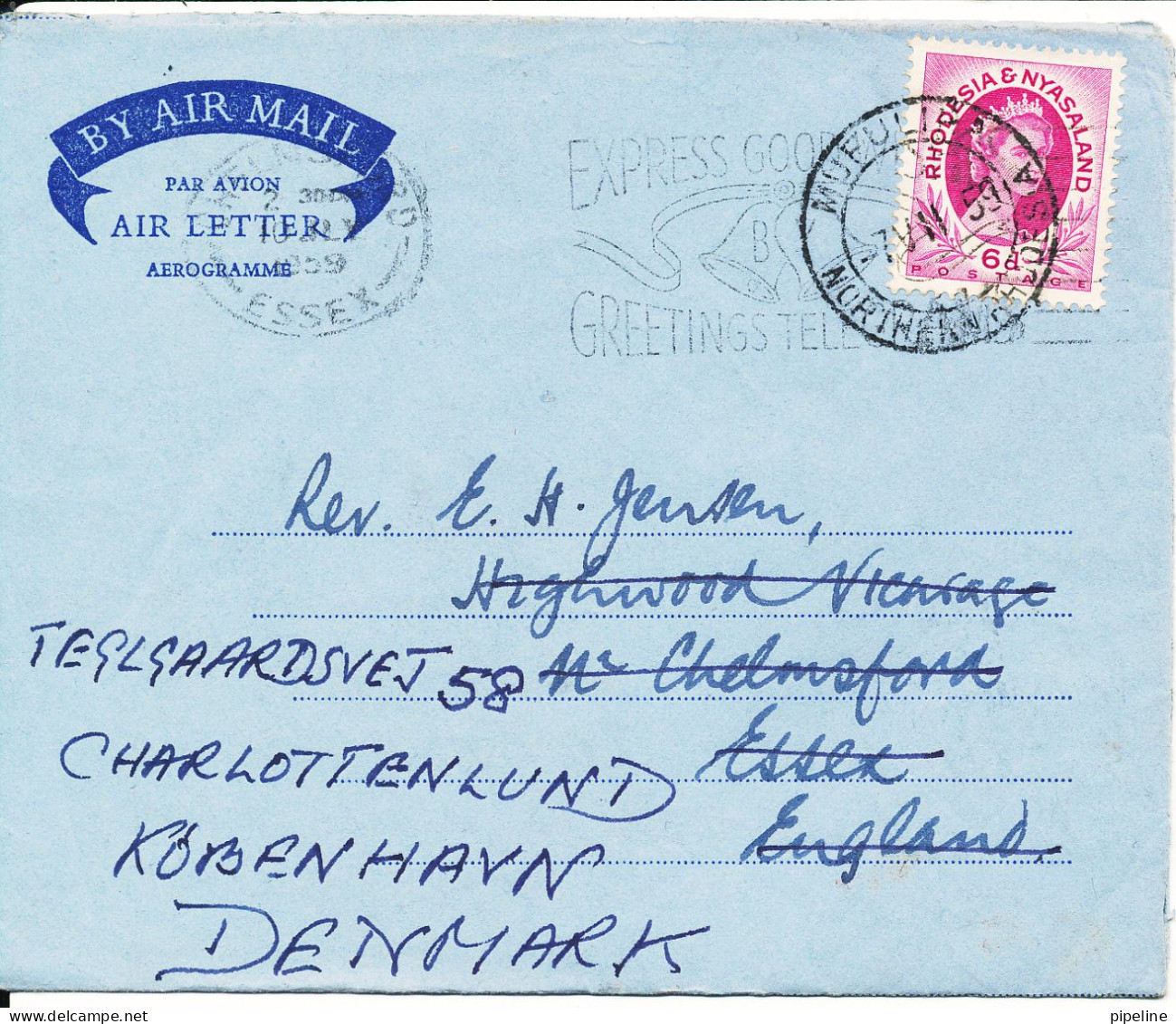 Rhodesia & Nyasaland Aerogramme Sent To England 7-7-1959 Redirected To Denmark - Rhodesia & Nyasaland (1954-1963)