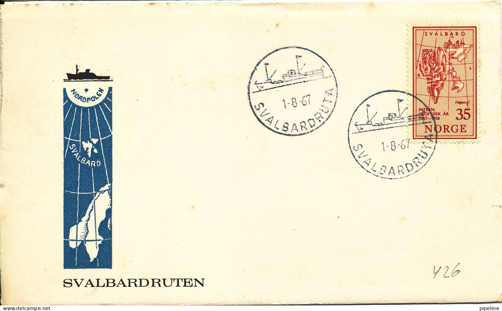 Norway Special Cancelled Cover Svalbardruta 1-8-1967 With MAP Stamp And Cachet - Covers & Documents