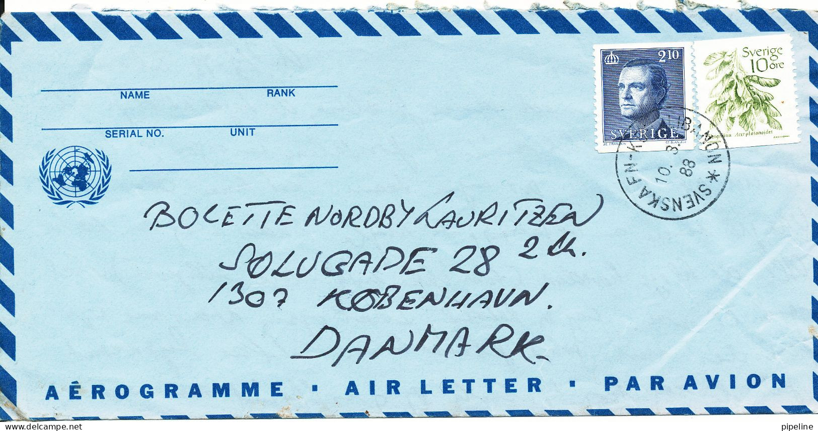 Sweden UN Aerogramme Svenska FN Komp Libanon 10-3-1988 Sent To Denmark - Militari