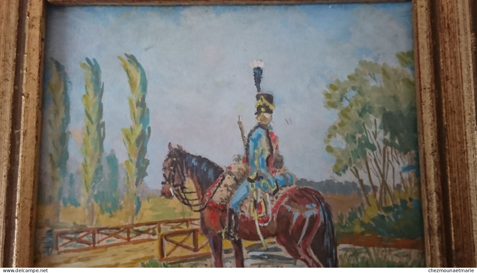 PEINTURE AQUARELLE CAVALIER 9e REGIMENT DE HUSSARDS CADRE 13*12 CM Signé JACK - Andere & Zonder Classificatie