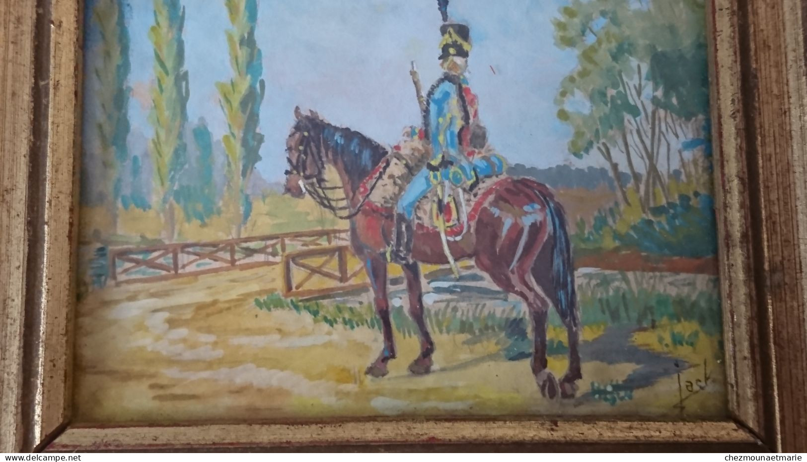 PEINTURE AQUARELLE CAVALIER 9e REGIMENT DE HUSSARDS CADRE 13*12 CM Signé JACK - Autres & Non Classés