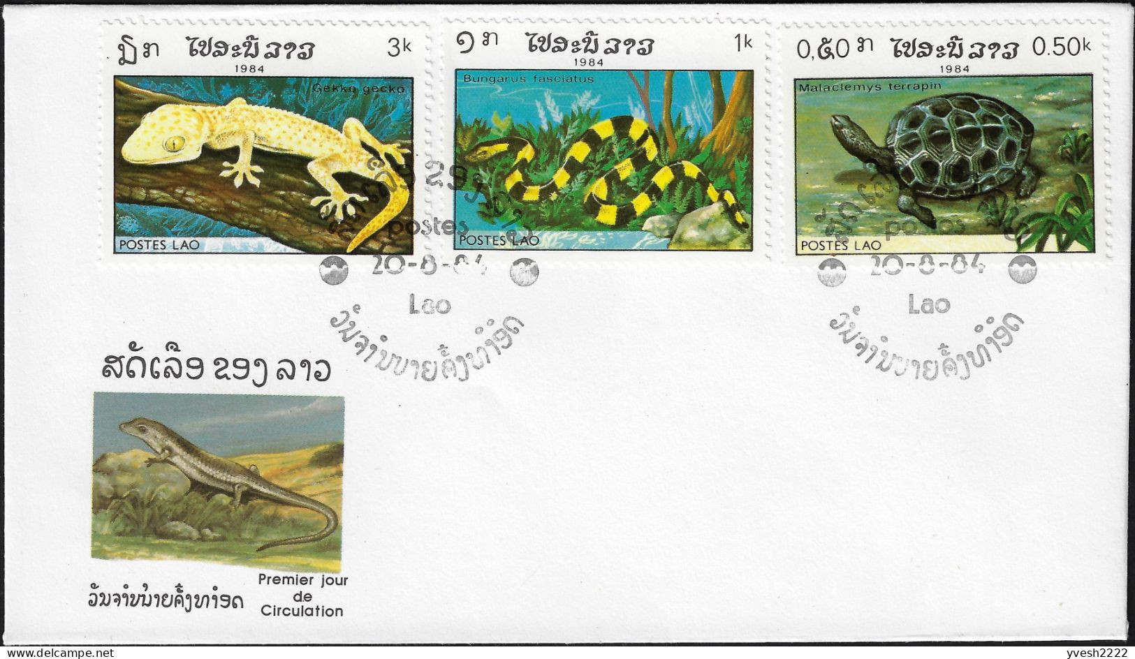 Laos 1984 Y&T 597 à 603. FDC. Reptiles. Eublepharis (gecko), Serpents, Tortue - Slangen