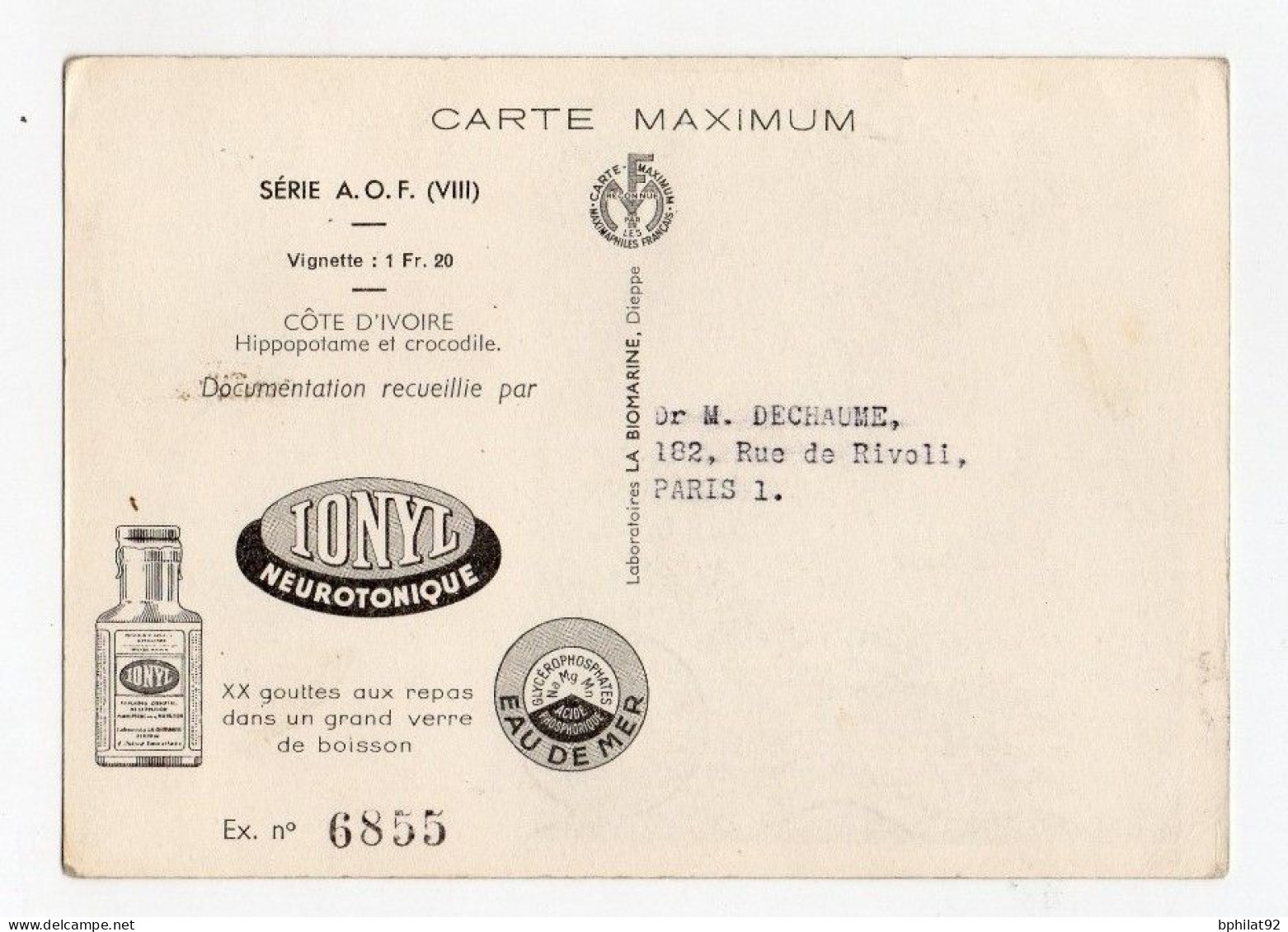 !!! AOF CARTE MAXIMUM HIPPOPOTAME CACHET DAKAR 1952 - Lettres & Documents