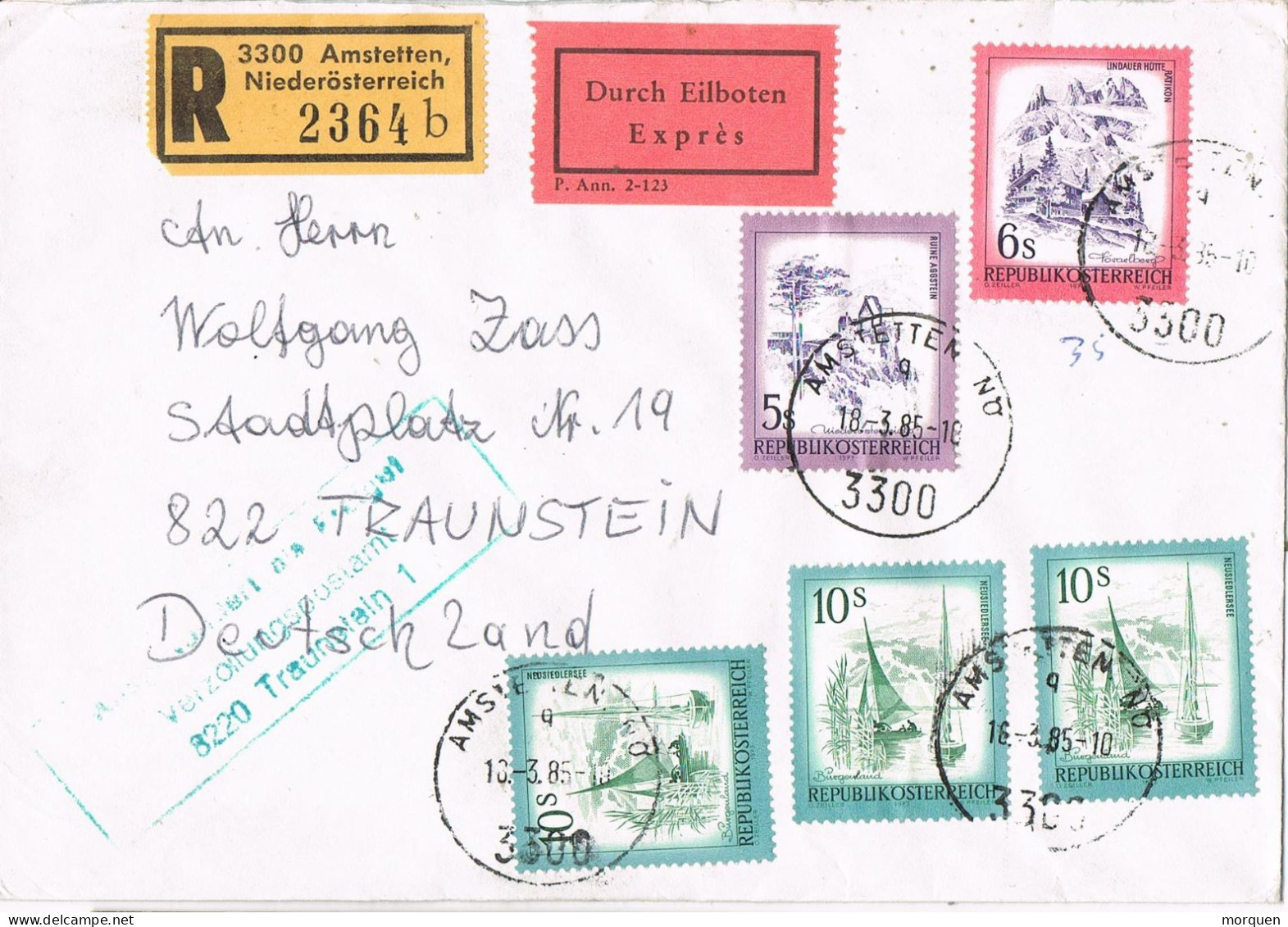 54158. Carta Certificada AMSTETTEN (Nö) Austria 1985. Entrega Postal Demora - Brieven En Documenten