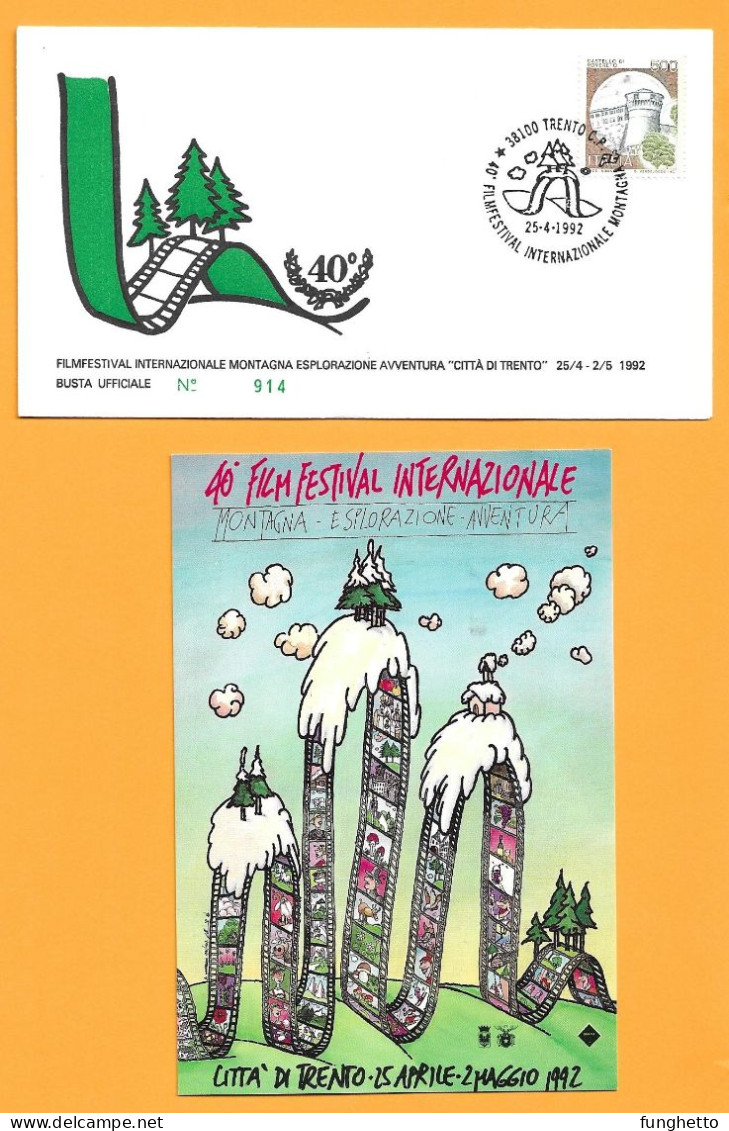 Cartolina + Busta Ufficiale TRENTO 40°FILM FESTIVAL MONTAGNA ESPLORAZIONE Con Annullo Speciale Trento 25/4/1992 - Escalade