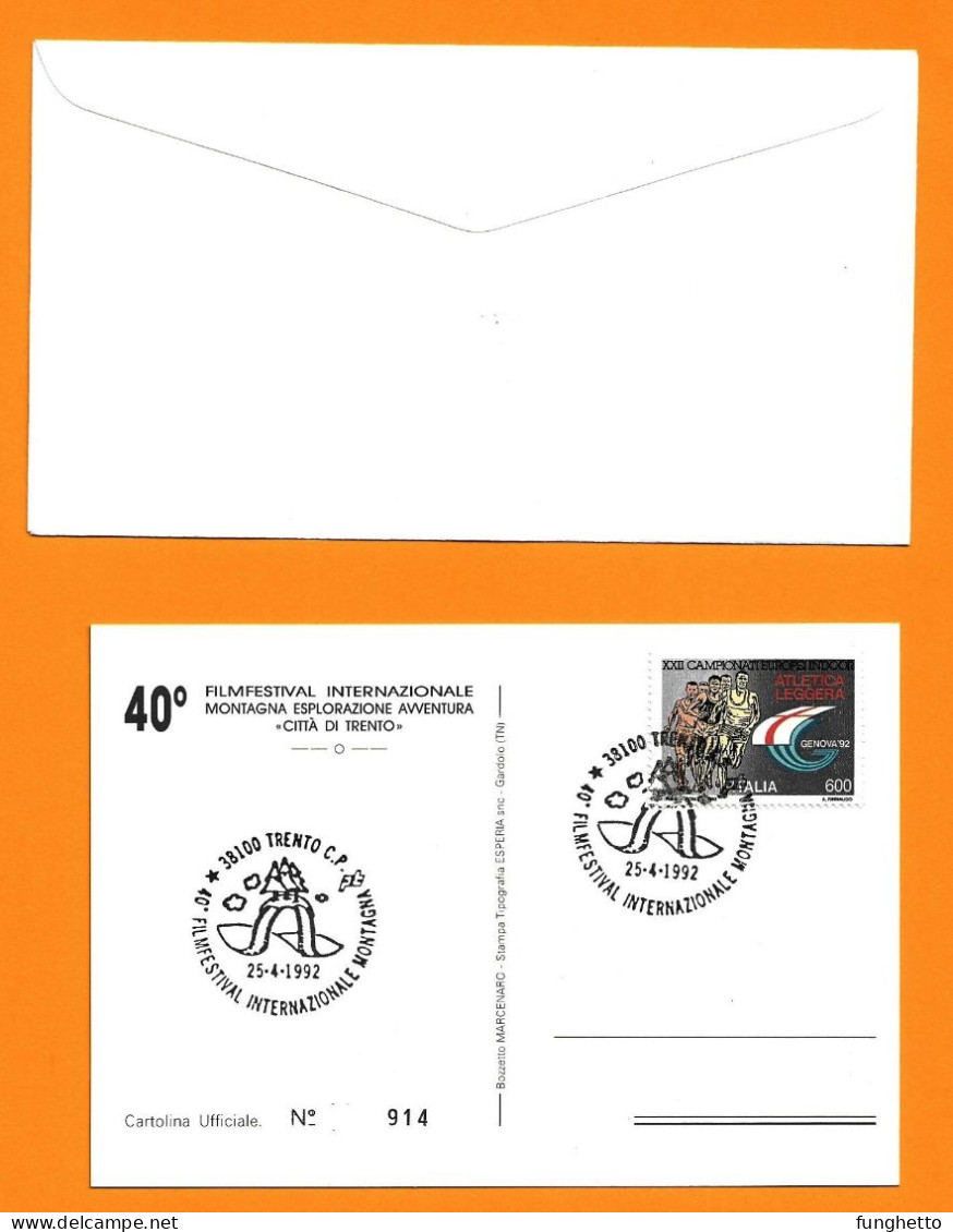 Cartolina + Busta Ufficiale TRENTO 40°FILM FESTIVAL MONTAGNA ESPLORAZIONE Con Annullo Speciale Trento 25/4/1992 - Climbing