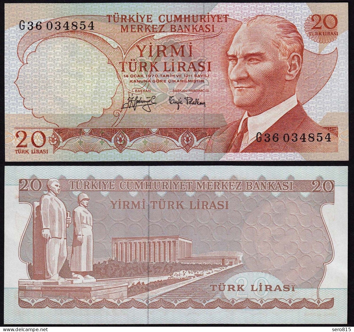 Türkei - Turkey 20 Lira Banknote 1970 (1974) Pick 187a UNC Black Signature Sig.2 - Türkei