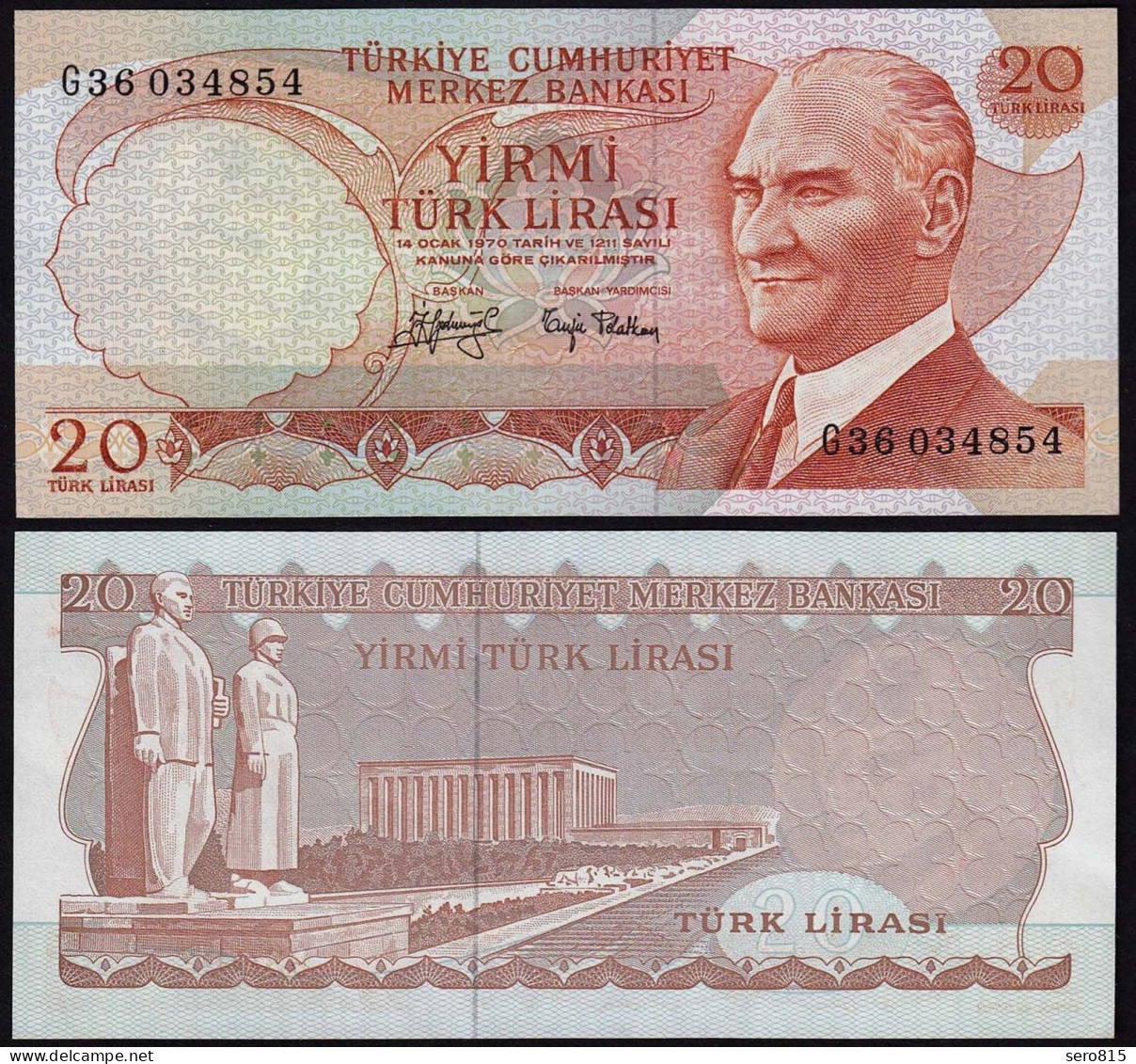 Türkei - Turkey 20 Lira Banknote 1970 (1974) Pick 187a UNC Black Signature Sig.2 - Turchia