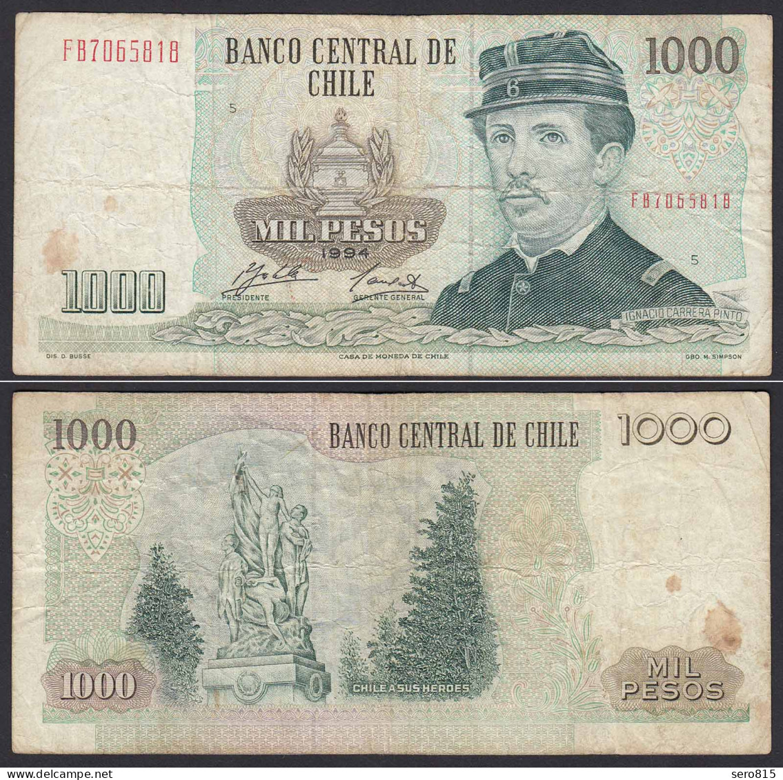 CHILE - 1000 Pesos Banknote 1994 Pick 154e F Prefix FB Block 5  (19698 - Sonstige – Amerika