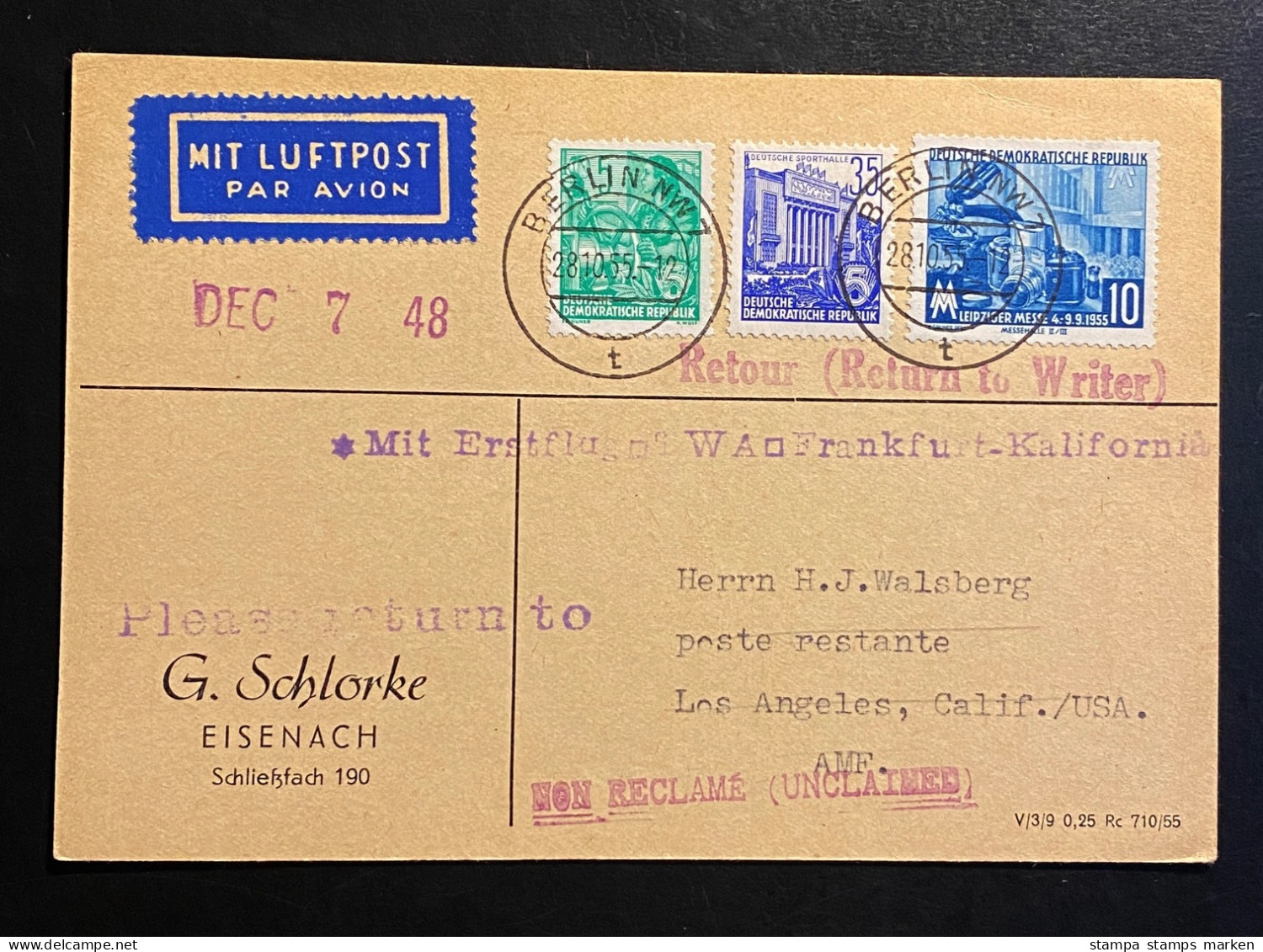 DDR 1955 Postkarte Erstflug Frankfurt - Kalifornia Mit Mi. 406, 417, 479 Gestempelt/o BERLIN - Poste Aérienne