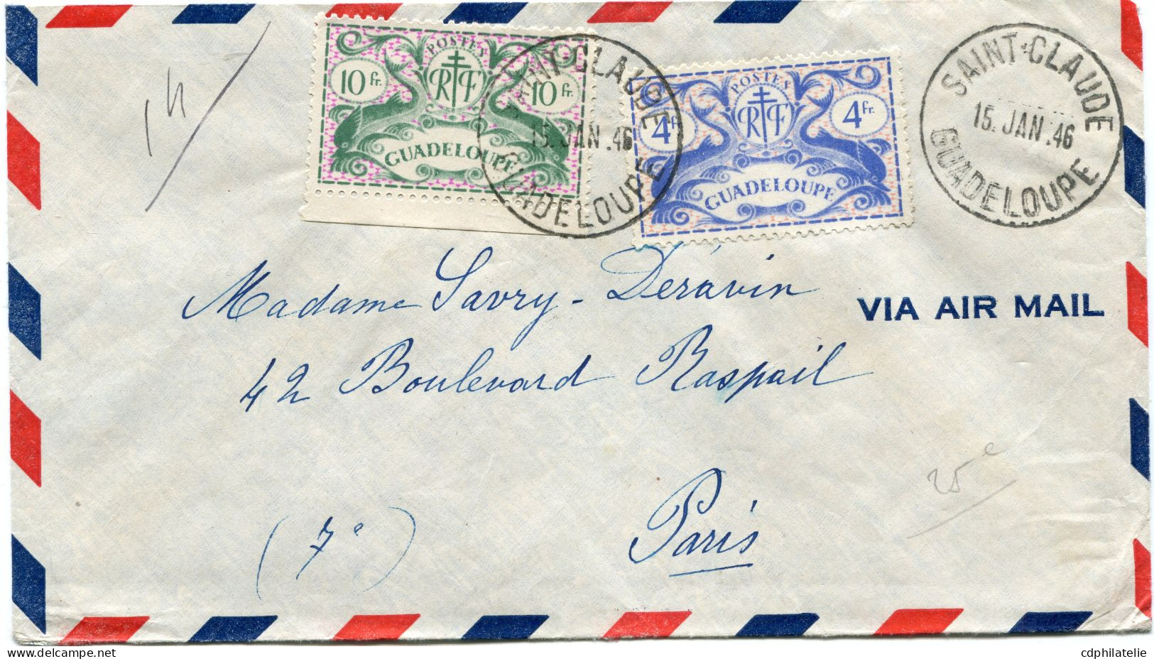 GUADELOUPE LETTRE PAR AVION DEPART SAINT-CLAUDE 15 JAN 46 GUADELOUPE POUR LA FRANCE - Covers & Documents