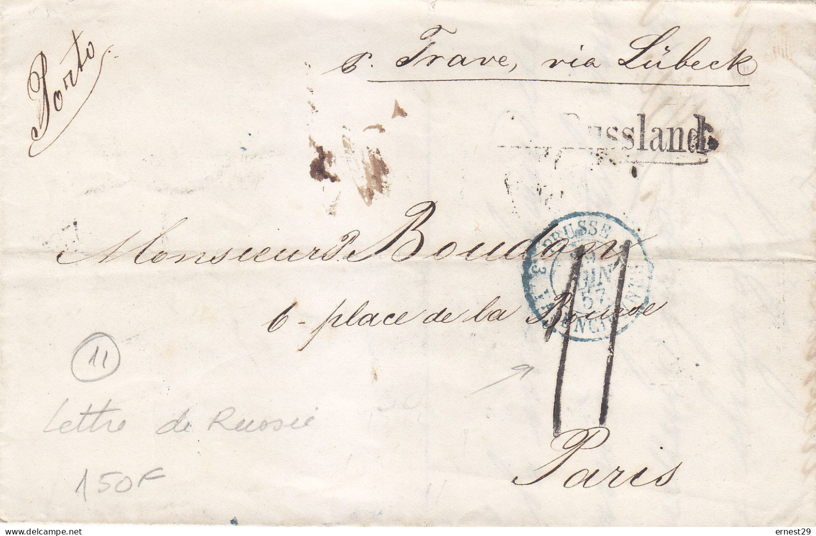 Lettre De Saint Peterbourg Russie Du 12/06/1857 Griffe Aus Russland Marque D'entrée Prusse Valenciennes - Briefe U. Dokumente