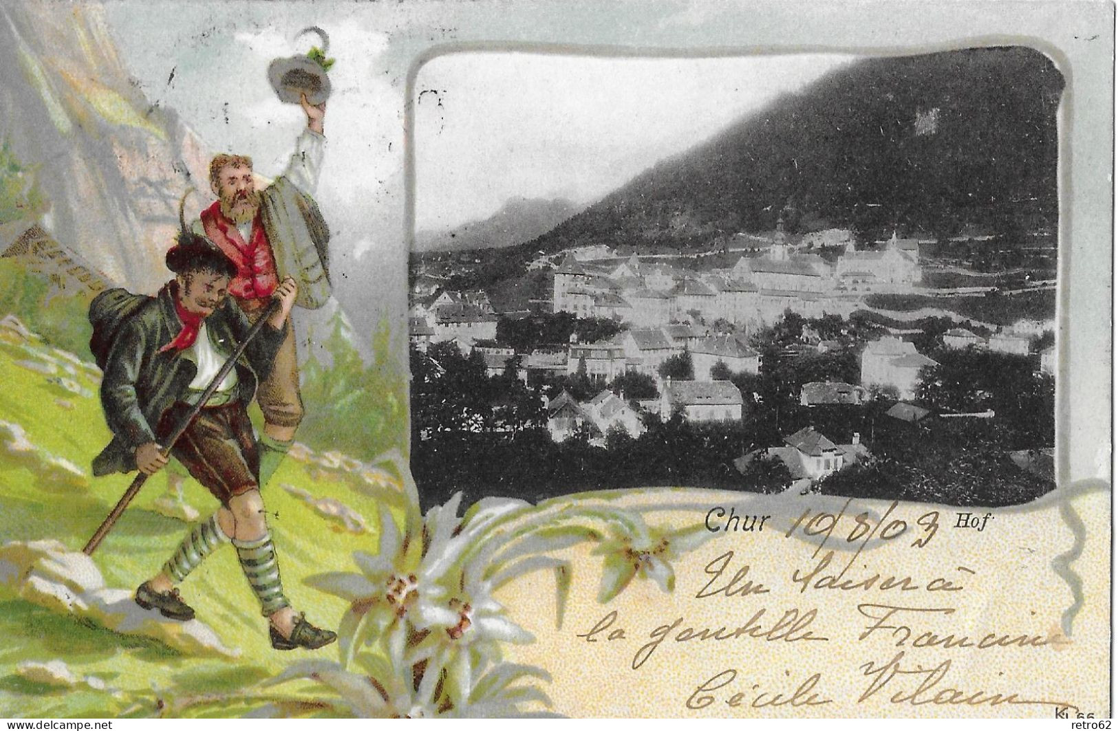 CHUR ► Mehrbild-Litho Mit Stadtansicht Und Wanderer Anno 1903   ►Balkenstempel CHUR◄ - Chur