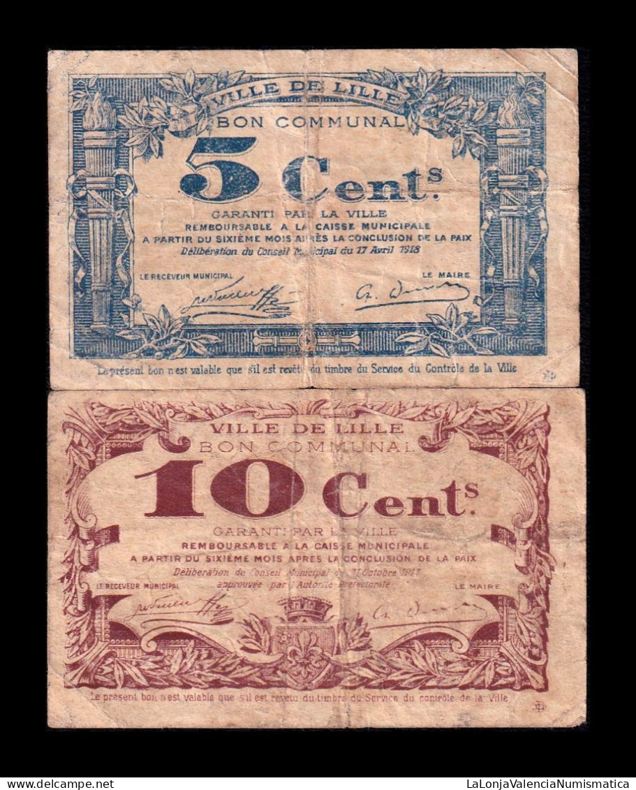 Francia France Set Billetes Locales Ville De Lille 5 10 Cents 1917 1918 Bc/Mbc F/Vf - Andere & Zonder Classificatie