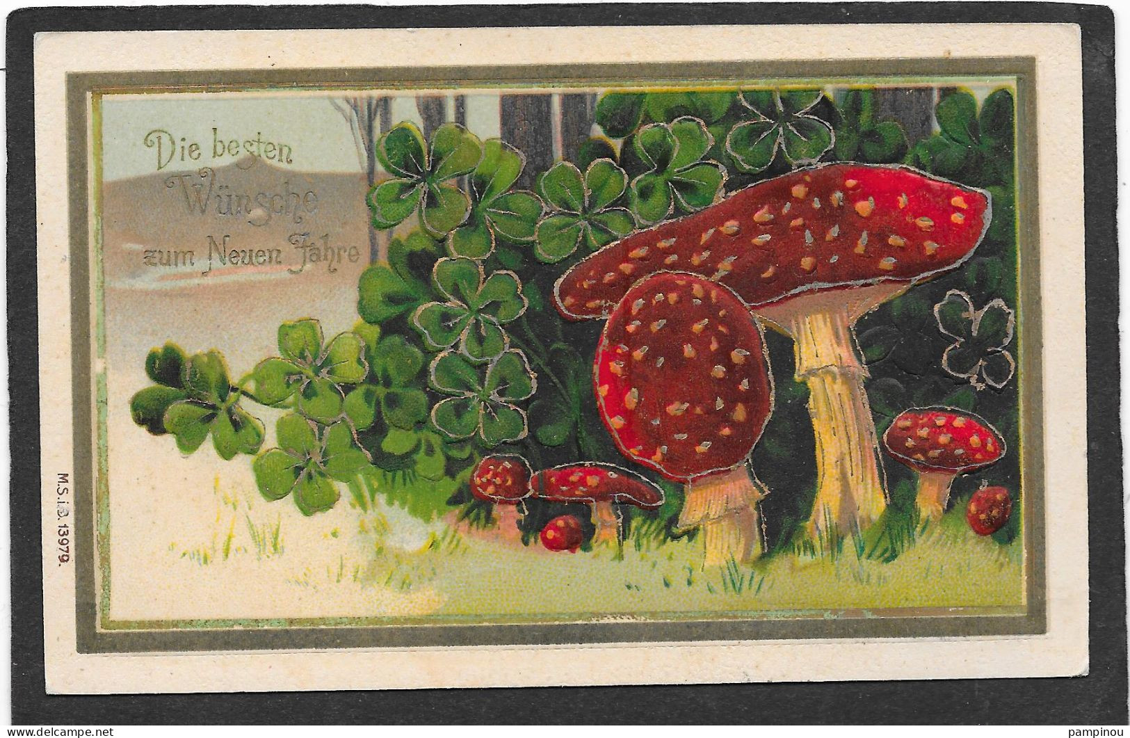 CHAMPIGNONS Et Trèfles - Cpa Gaufrée - Pilze