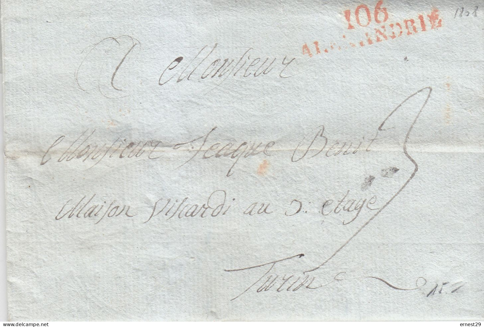 EGYPTE 1808 MP 106 ALEXANDRIE En Rouge + MARS Au Verso Pour Turin Signée Bartolomeo Carboneri - Prephilately