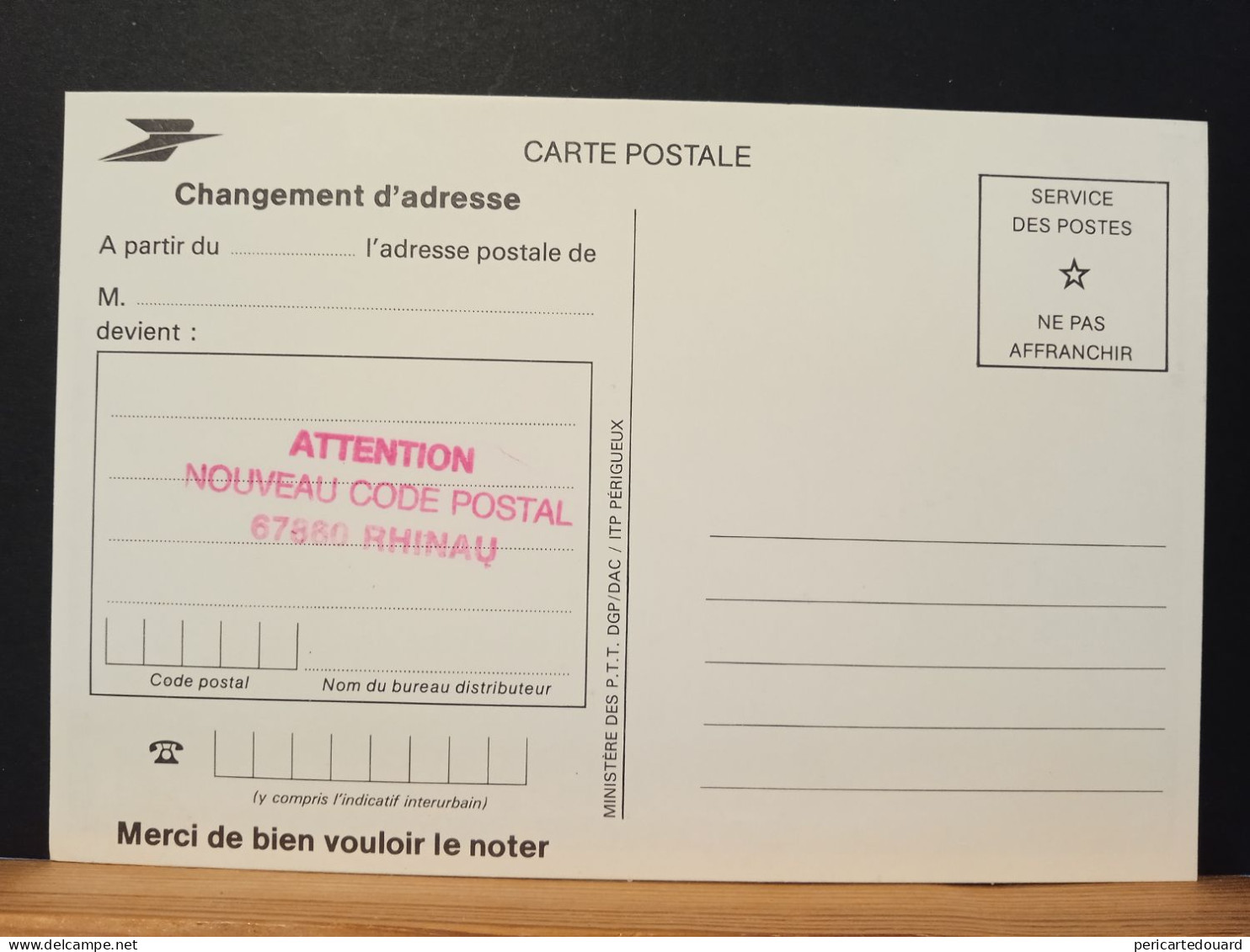 Code Postal. Carte Postale Changement D'adresse En Franchise Avec Frappe Rouge 67860  RHINAU - Covers & Documents