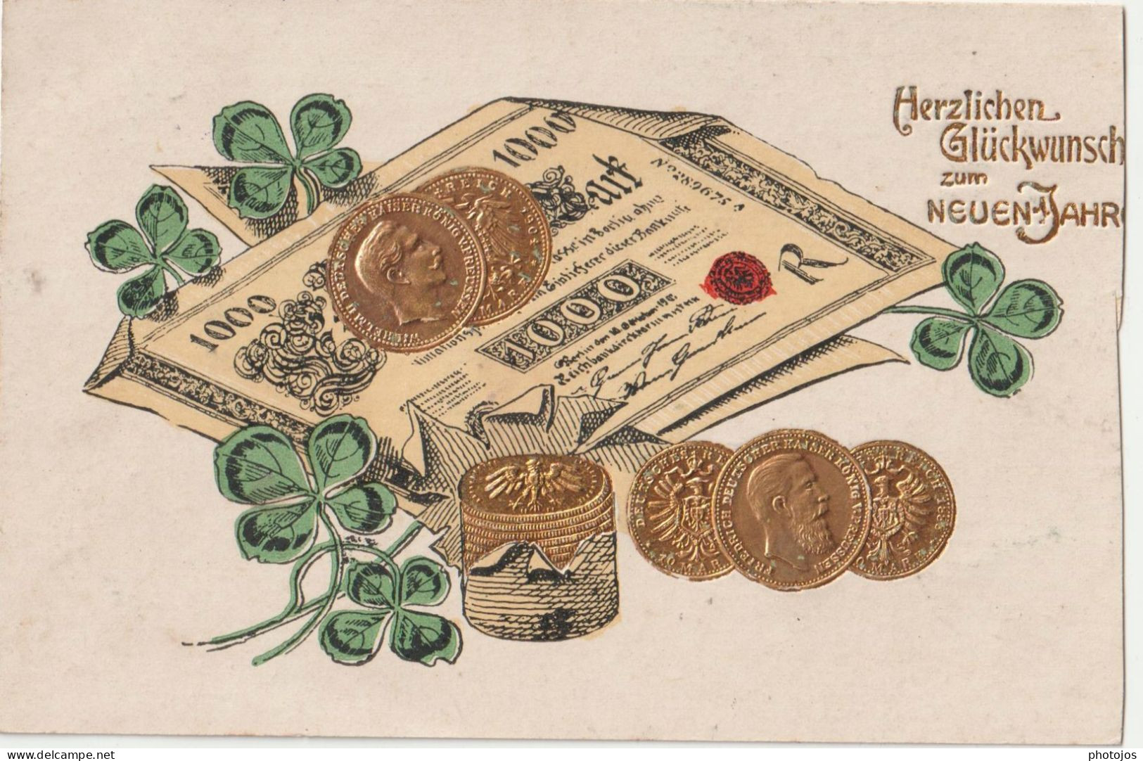 Gepragte Postkarte (Germany) Munzen Und Banknoten Herzlichen ...   Cachet Kommando C - Monete (rappresentazioni)
