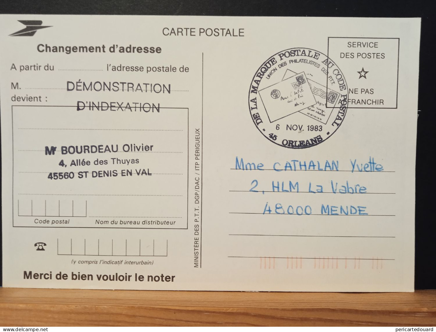 Code Postal. Carte Postale Changement D'adresse En Franchise Vers Mende 48000 Avec Démonstration D'indexation - Lettere