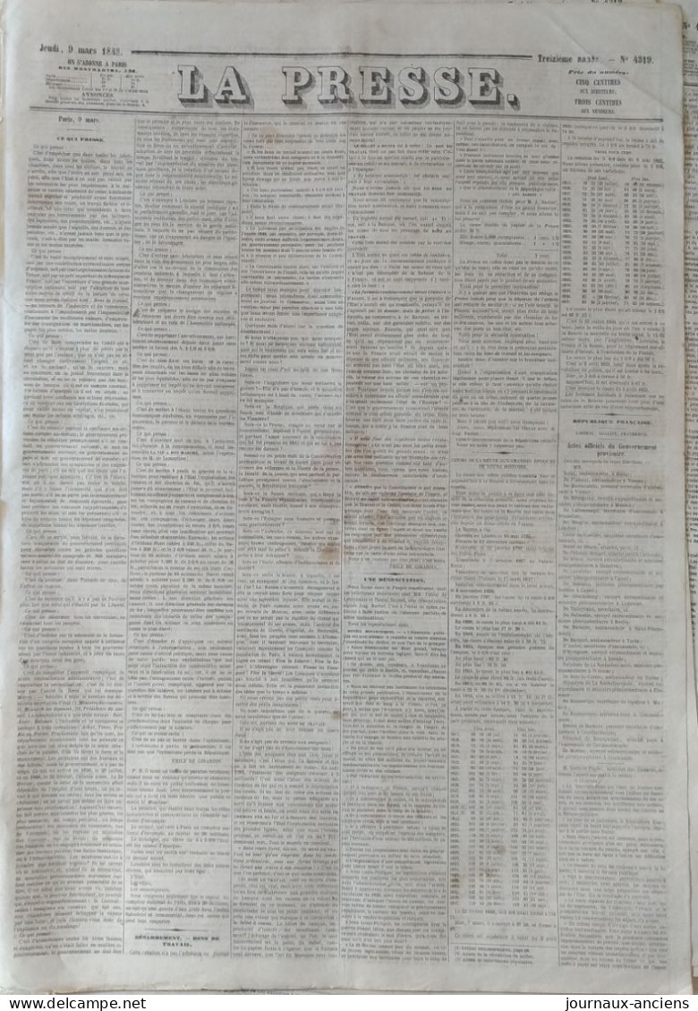 Journal LA PRESSE Du 9 Mars 1848 - APRES LA RÉVOLUTION - GOUVERNEMENT PROVISOIRE - CE QUI PRESSE - DESARMEMENT ETC - 1800 - 1849