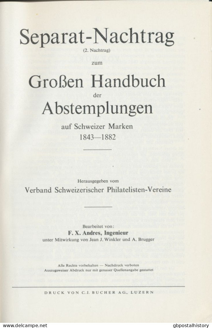 Nachtrag Zum Großen Handbuch Der Abstempelungen Auf Schweizer Marken 1954 213 S - Stempel