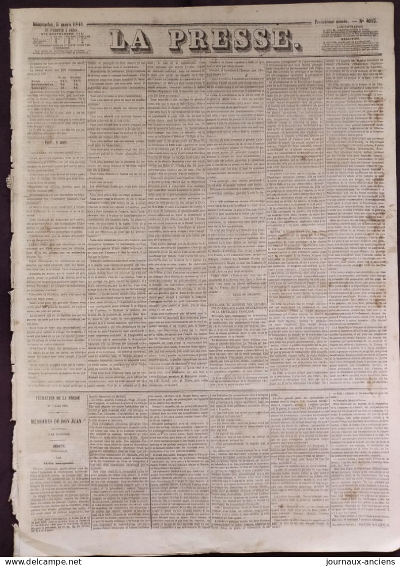 Journal LA PRESSE Du 5 Mars 1848 - RÉVOLUTION - GOUVERNEMENT PROVISOIRE - Emile GIRARDIN - 1800 - 1849