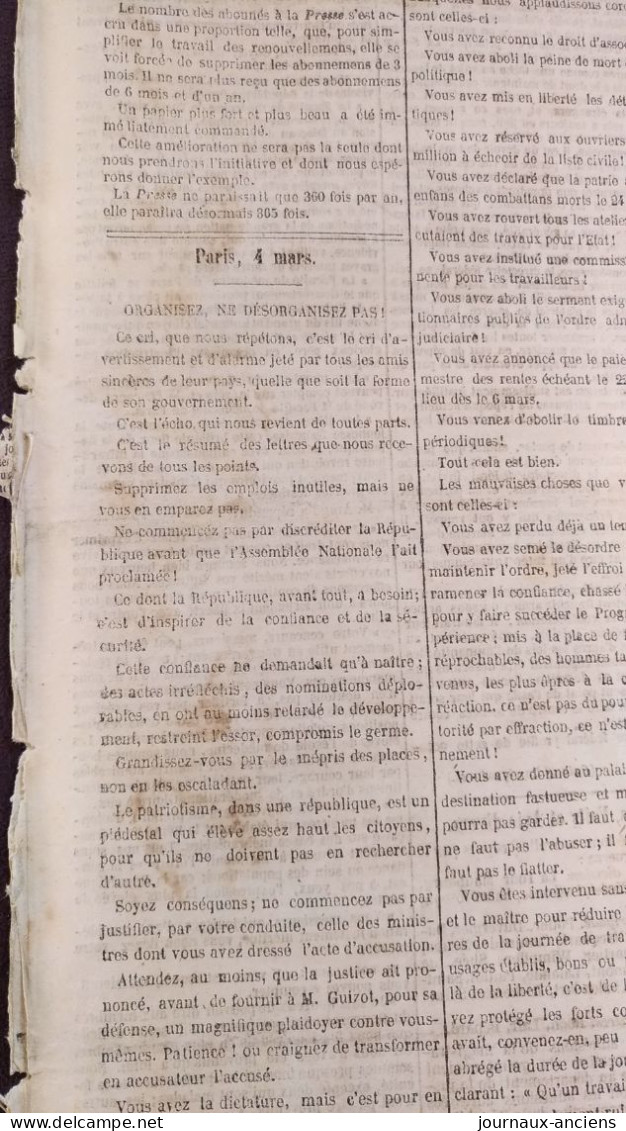 Journal LA PRESSE Du 5 Mars 1848 - RÉVOLUTION - GOUVERNEMENT PROVISOIRE - Emile GIRARDIN - 1800 - 1849