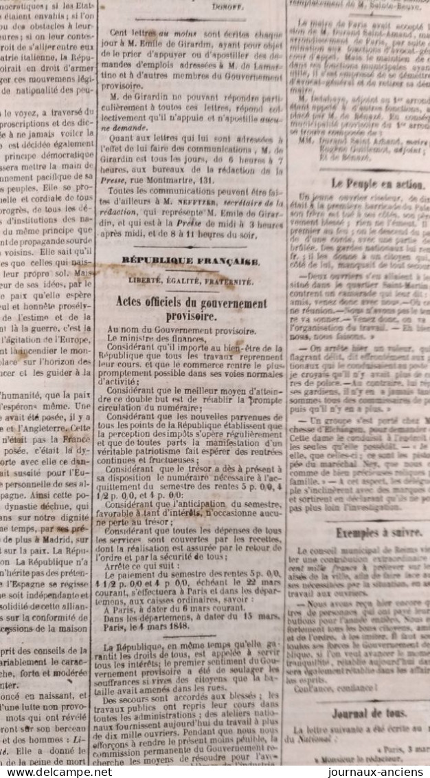 Journal LA PRESSE Du 5 Mars 1848 - RÉVOLUTION - GOUVERNEMENT PROVISOIRE - Emile GIRARDIN - 1800 - 1849