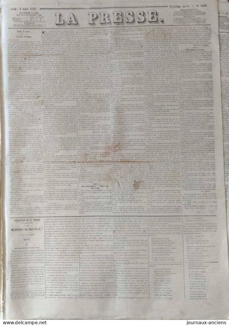 Journal LA PRESSE Du 9 Mars 1848 - APRES LA RÉVOLUTION - GOUVERNEMENT PROVISOIRE - CE QUI PRESSE - DESARMEMENT ETC - 1800 - 1849