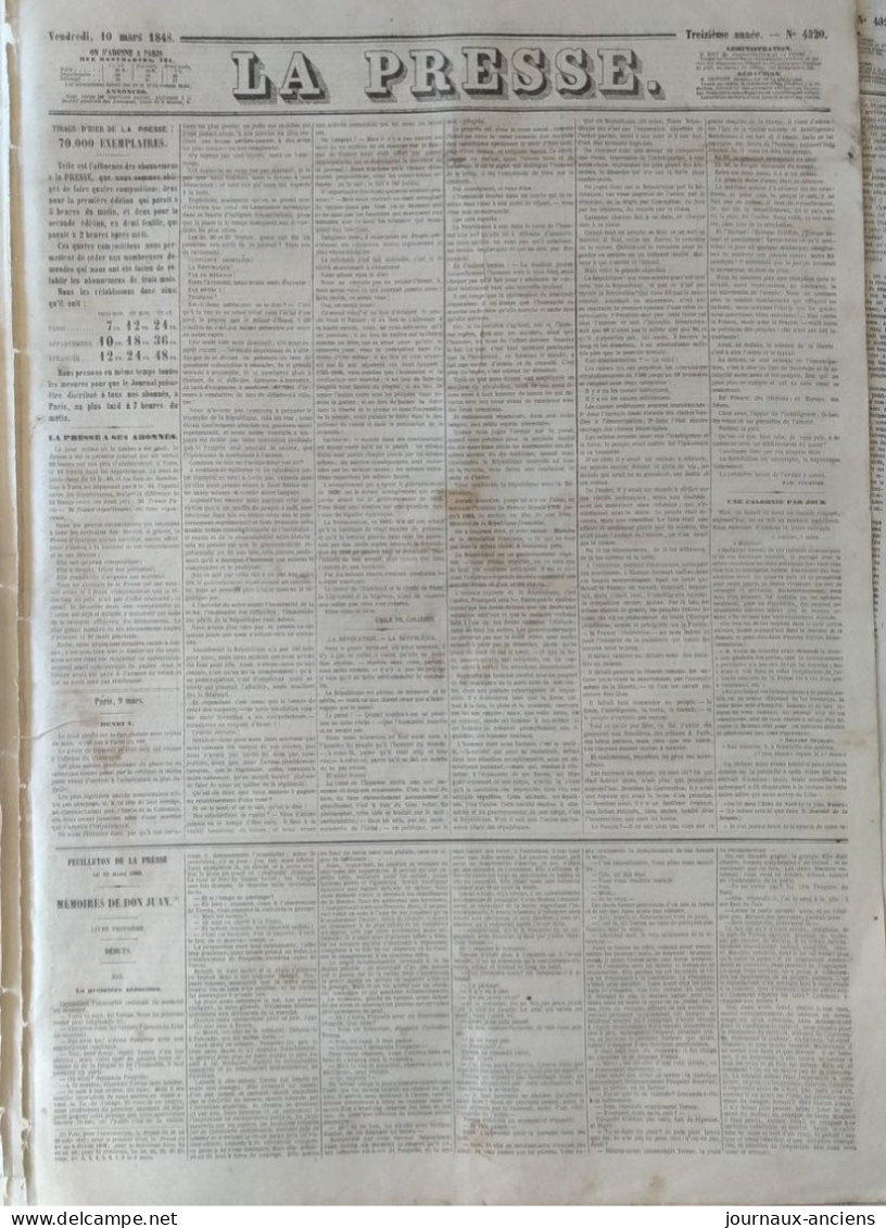 Journal LA PRESSE Du 10 Mars 1848 - GOUVERNEMENT PROVISOIRE - LA REVOLUTION LA REPUBLIQUE - 1800 - 1849