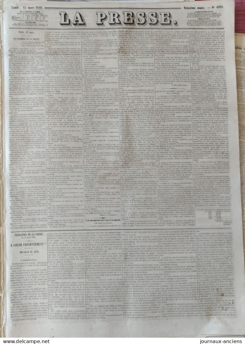 Journal LA PRESSE Du 13 Mars 1848 - LA GUERRE ET LA PEUR - APRES LA REVOLUTION - GOUVERNEMENT PROVISOIRE - 1800 - 1849