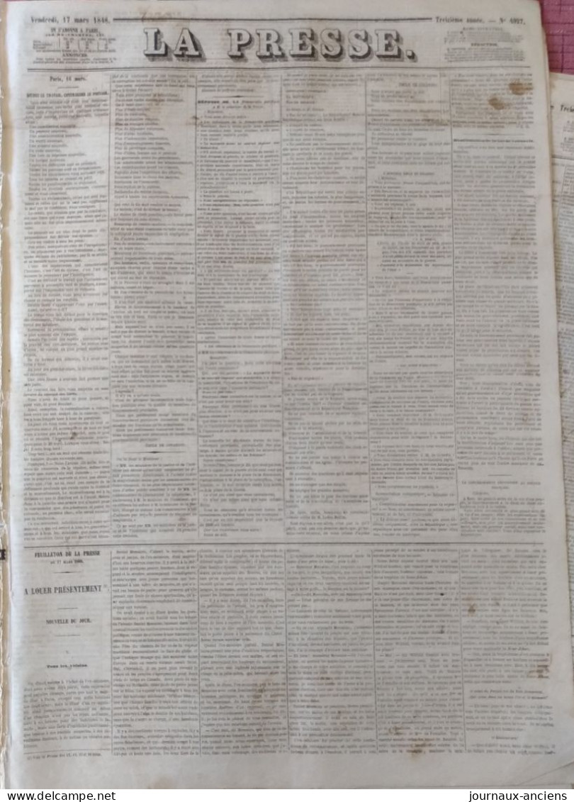 Journal LA PRESSE Du 17 Mars 1848 - GOUVERNEMENT PROVISOIRE - DIVISEZ LE TRAVAIL CENTRALISEZ LE POUVOIR - 1800 - 1849