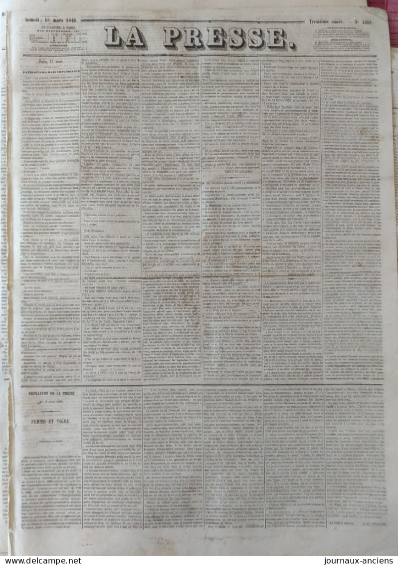 Journal LA PRESSE Du 18 Mars 1848 - GOUVERNEMENT PROVISOIRE - PATRIOTISME MAIS IMPUISSANCE - 1800 - 1849