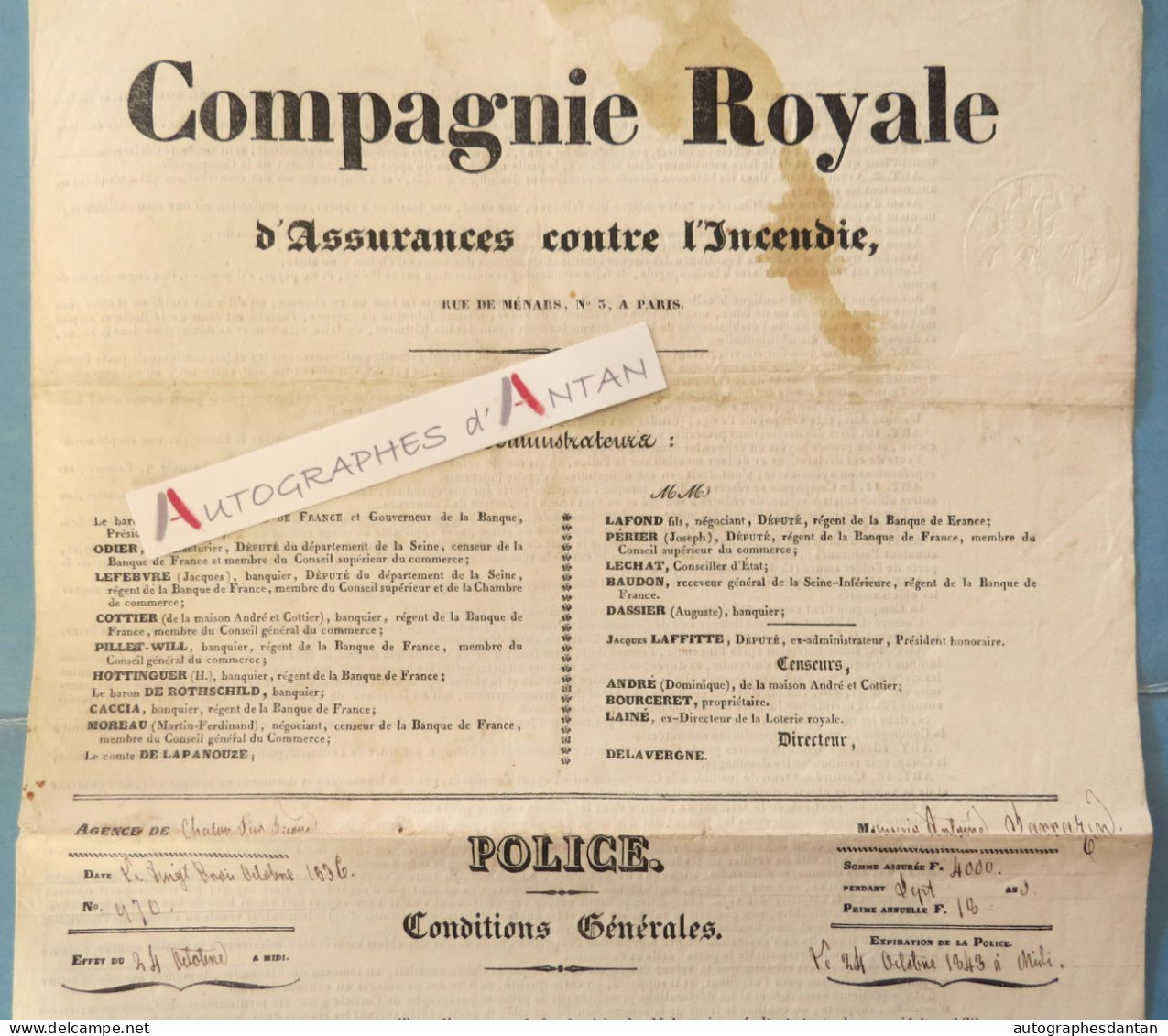 ● CHALON Sur SAONE 1836 M. Antoine Sarrazin Contrat Assurance Maison Saint Bonnet Vers Louhans Compagnie Royale - Bank En Verzekering