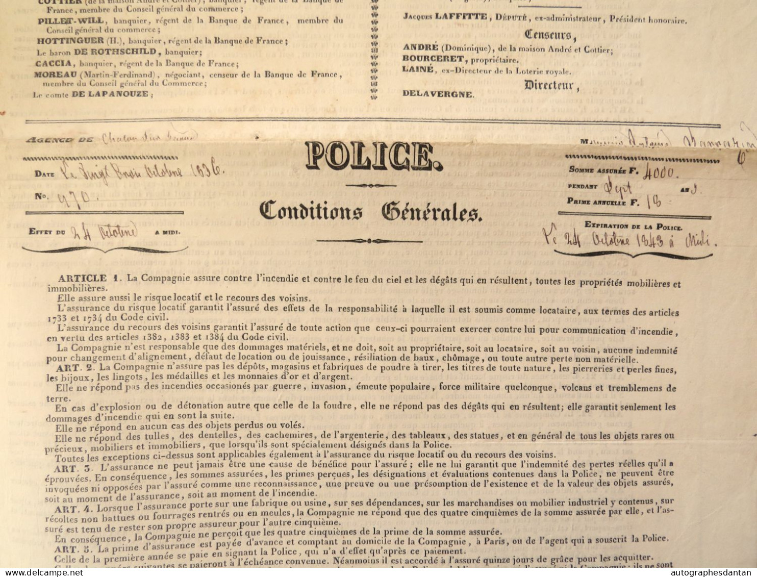 ● CHALON Sur SAONE 1836 M. Antoine Sarrazin Contrat Assurance Maison Saint Bonnet Vers Louhans Compagnie Royale - Banque & Assurance