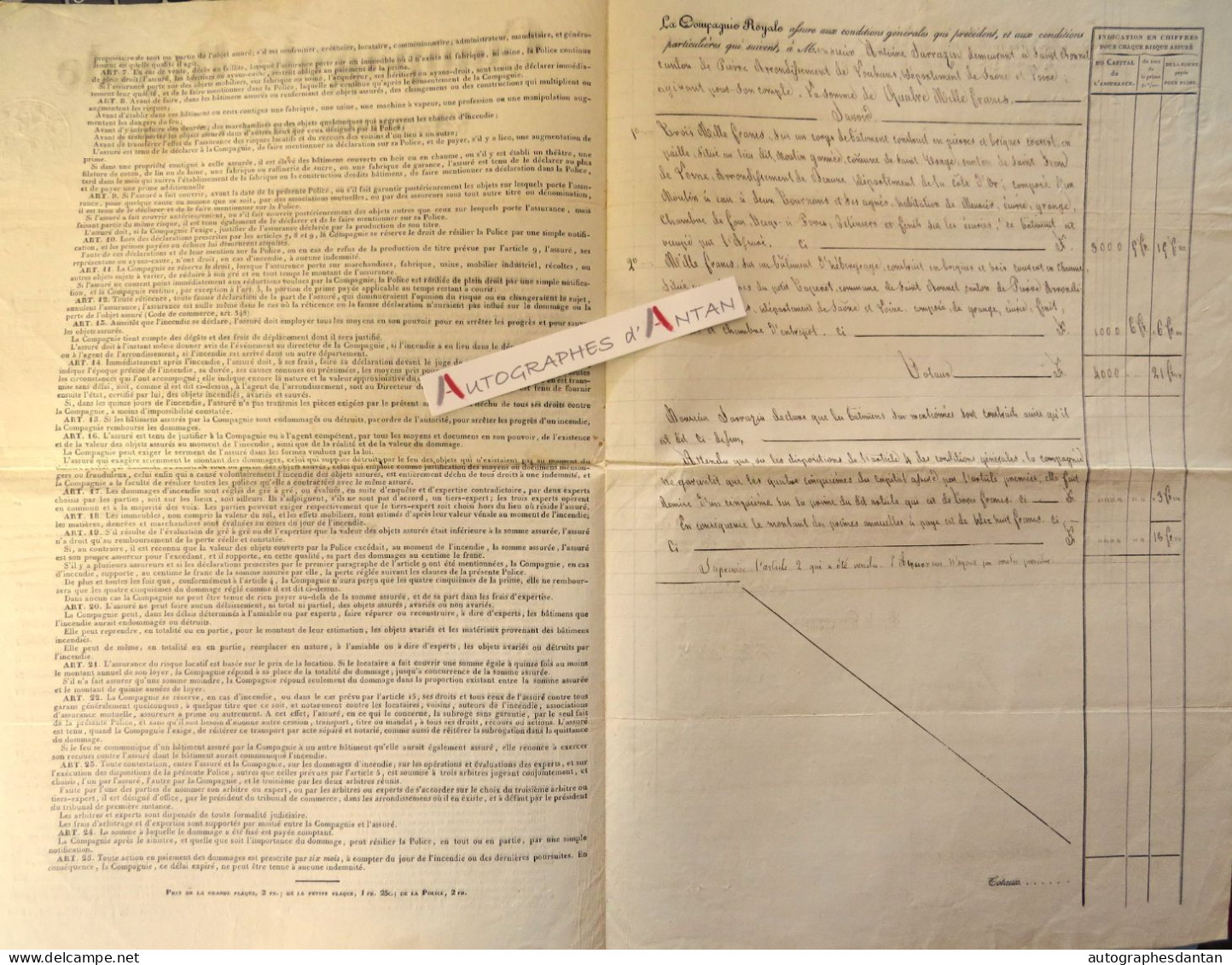 ● CHALON Sur SAONE 1836 M. Antoine Sarrazin Contrat Assurance Maison Saint Bonnet Vers Louhans Compagnie Royale - Banque & Assurance