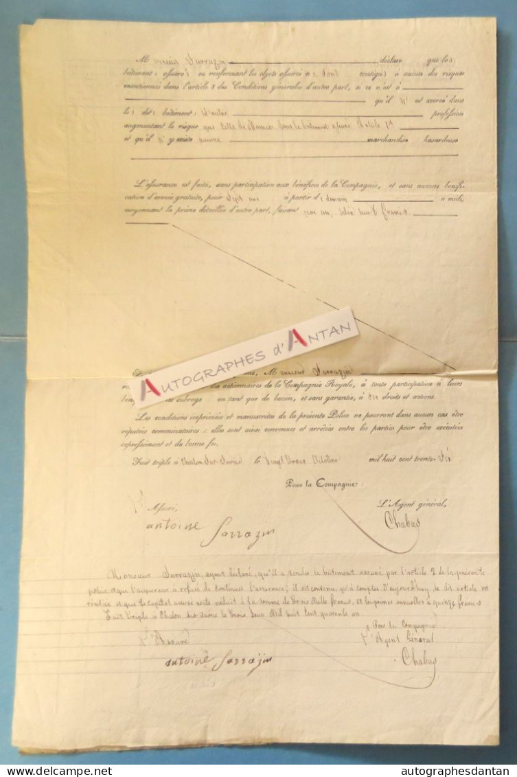 ● CHALON Sur SAONE 1836 M. Antoine Sarrazin Contrat Assurance Maison Saint Bonnet Vers Louhans Compagnie Royale - Bank & Versicherung