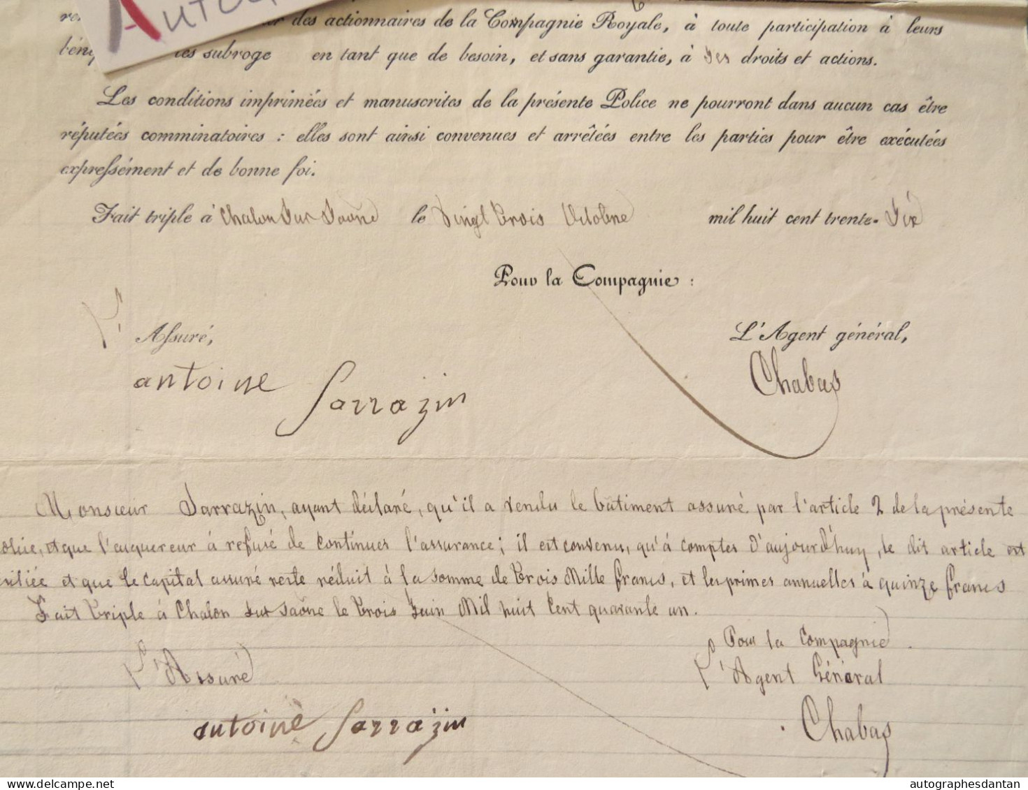 ● CHALON Sur SAONE 1836 M. Antoine Sarrazin Contrat Assurance Maison Saint Bonnet Vers Louhans Compagnie Royale - Bank En Verzekering