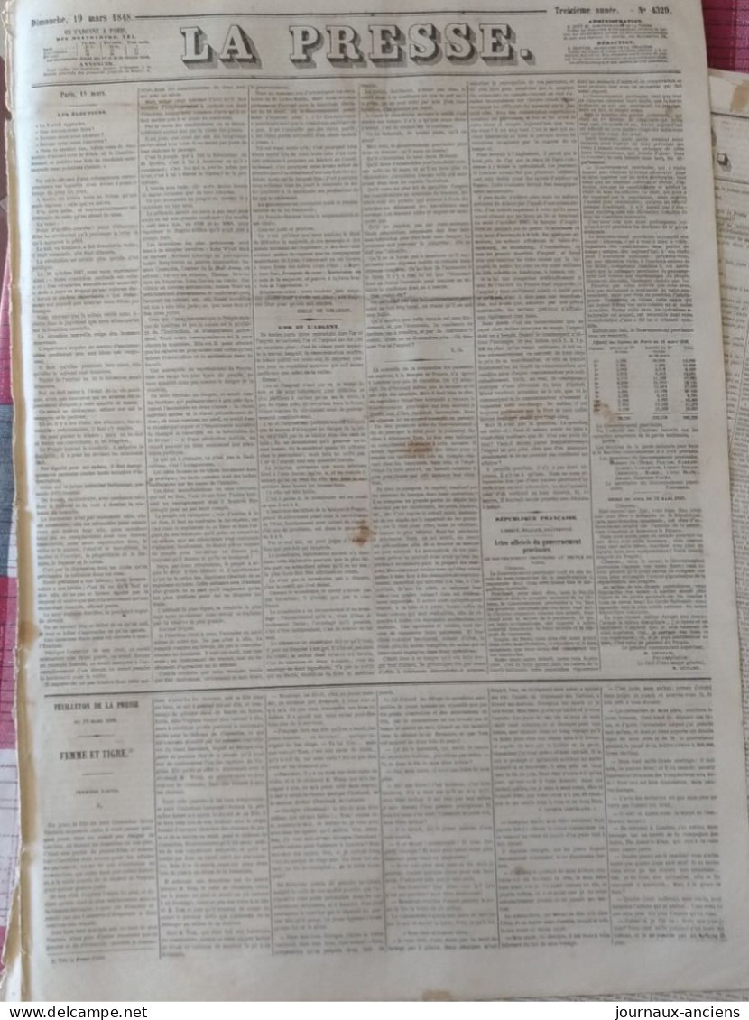 Journal LA PRESSE Du 19 Mars 1848 - GOUVERNEMENT PROVISOIRE - LES ELECTIONS L'OR ET L'ARGENT - 1800 - 1849