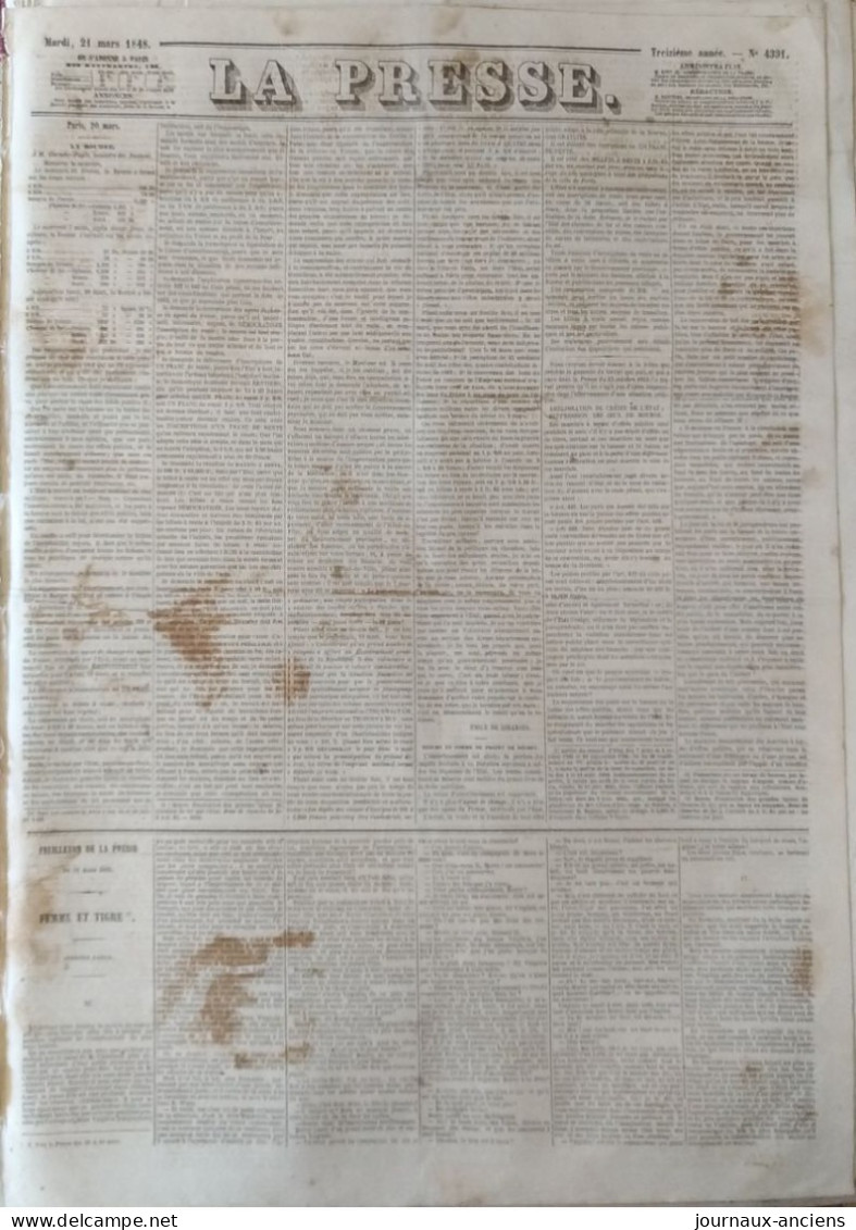 Journal LA PRESSE Du 21 Mars 1848 - AMELIORATION DU CREDIT DE L'ETAT SUPPRESSION DES JEUX DE BOURSE - 1800 - 1849