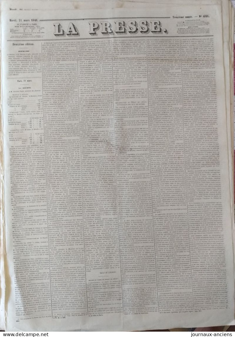 Journal LA PRESSE Du 21 Mars 1848 - DEUXIEME EDITION - LA BOURSE - AMELIORATION DU CREDIT DE L'ETAT JEUX DE BOURSE - 1800 - 1849