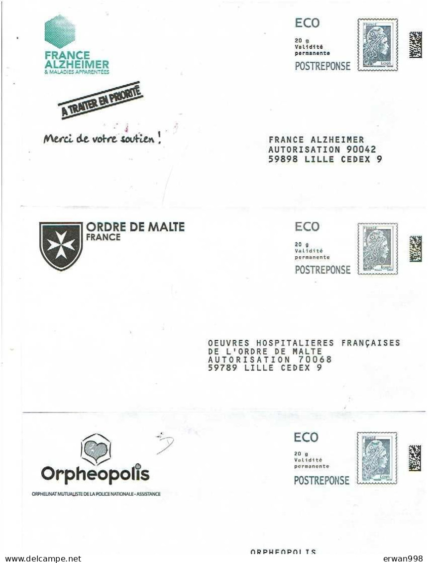 PARIS CHANTILLY & LILLE Lot De 5 Postréponses MARIANNE L'engagée 4 ECO & 1 PERF Timbre (descriptif Ci Contre)    (840b) - PAP: Ristampa/Marianne L'Engagée