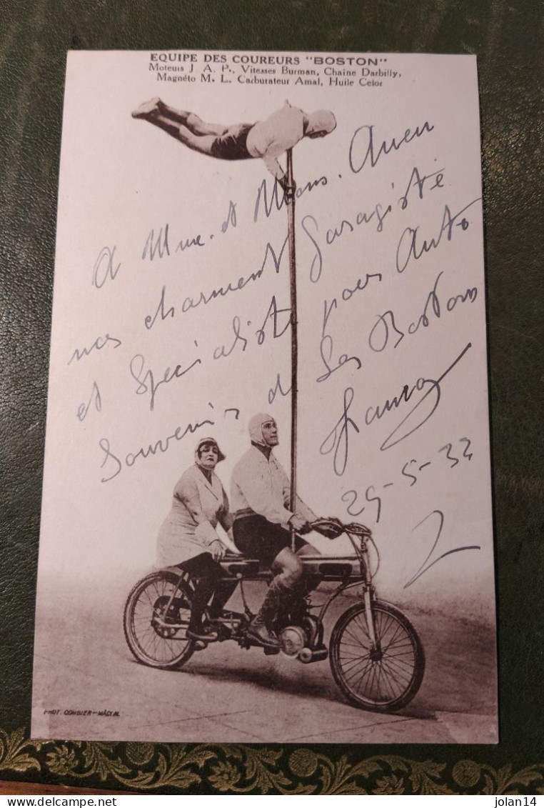 Equipe Des Coureurs Boston - Carte Postale Dédicacée 1933 Acrobaties Moto - Motociclismo