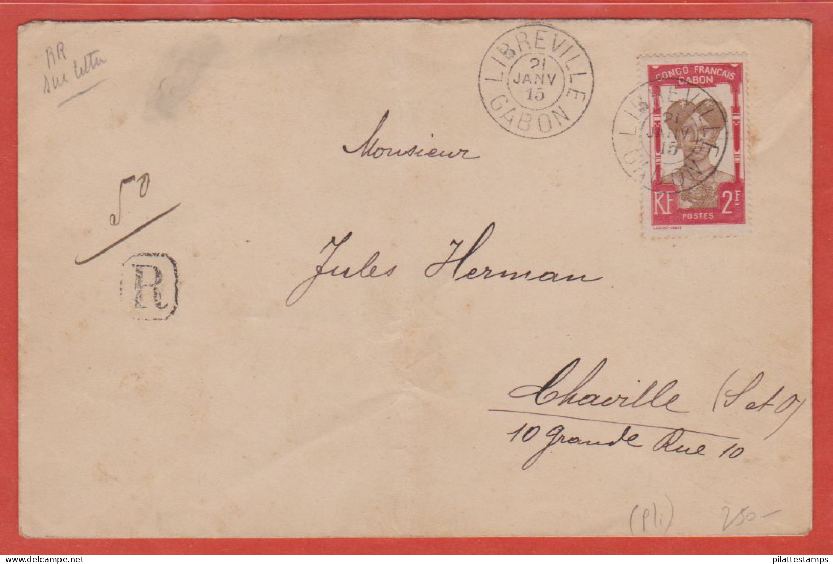 GABON LETTRE RECOMMANDEE DE 1915 DE LIBREVILLE POUR CHAVILLE FRANCE - Lettres & Documents