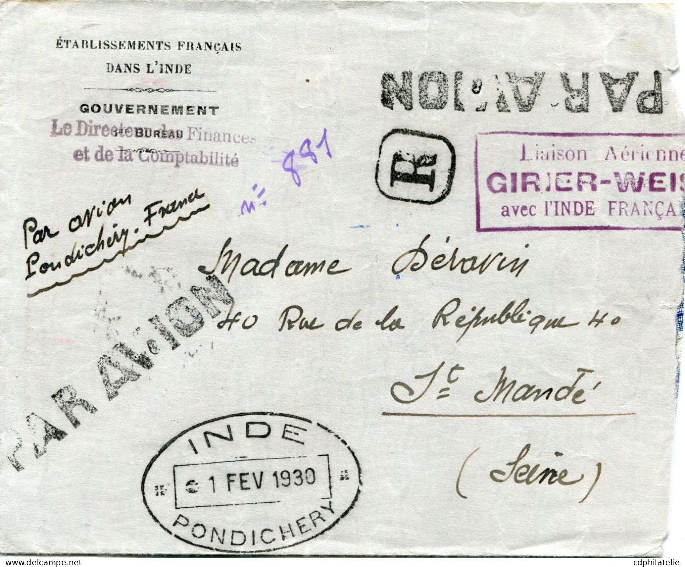 INDE LETTRE PAR AVION RECOMMANDEE AVEC CACHET "LIAISON AERIENNE GIRIER-WEISS..." AVEC AFFR AU DOS DEPART PONDICHERY..... - Storia Postale