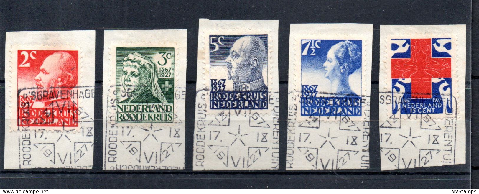 Netherlands 1927 Set Red Cross Stamps (Michel 196/200) Nice Used On Coverparts - Used Stamps