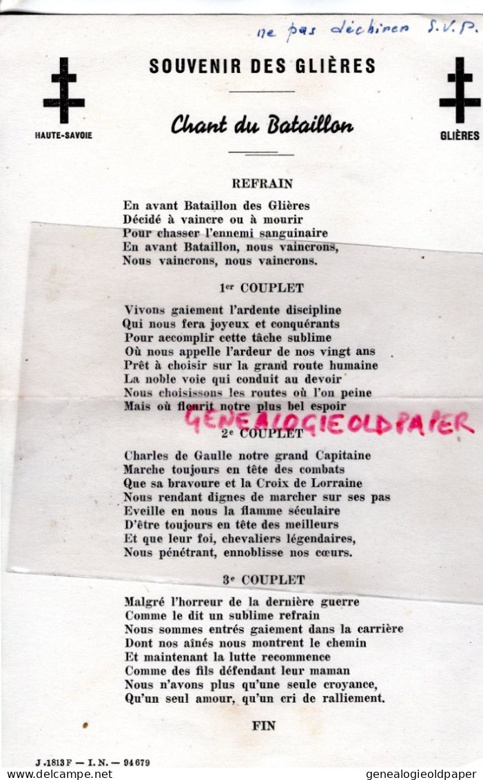 74- SOUVENIR DES GLIERES-CHANT DU BATAILLON-RESISTANCE DE GAULLE-FFI-GUERRE CROIX LORRAINE HAUTE SAVOIE- - Historical Documents