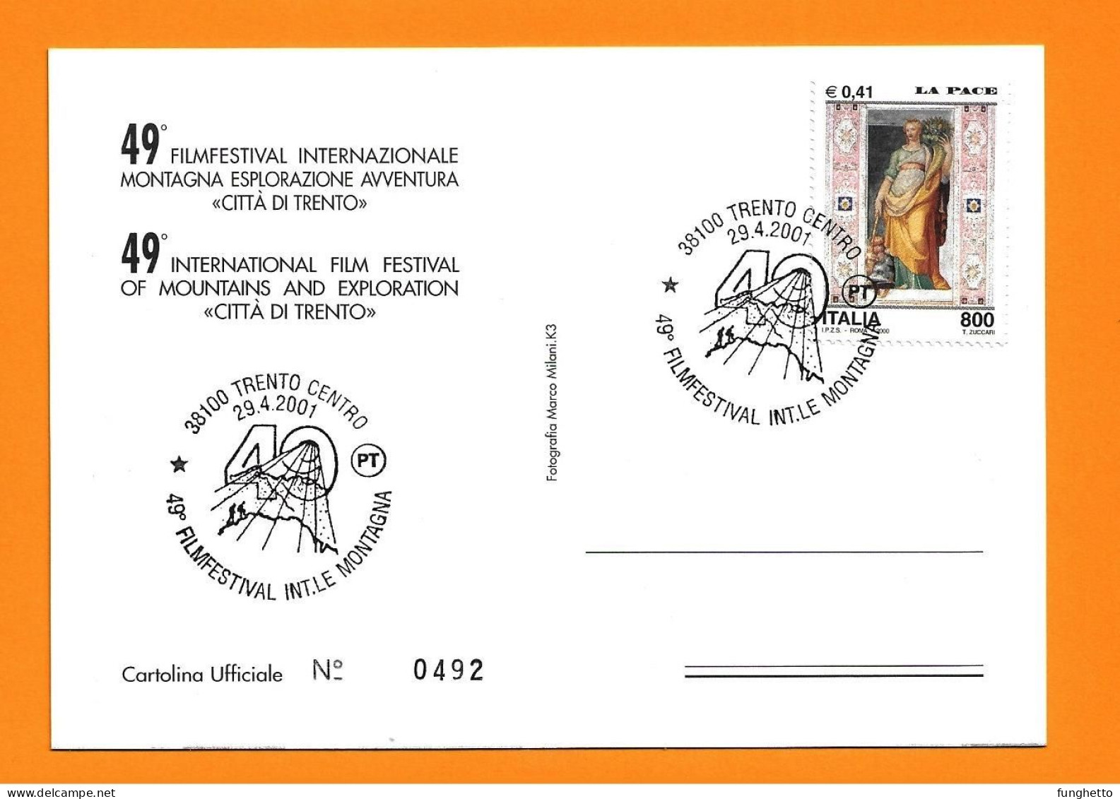 Cartolina Ufficiale TRENTO 49°FILM FESTIVAL MONTAGNA Con Annullo Speciale Trento 29/4/2001 - Arrampicata
